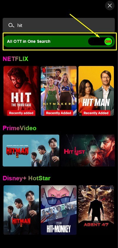 NetMirror All OTT in One Search turned on, showing results for hit grouped under Netflix, Prime Video and Disney+ Hotstar.