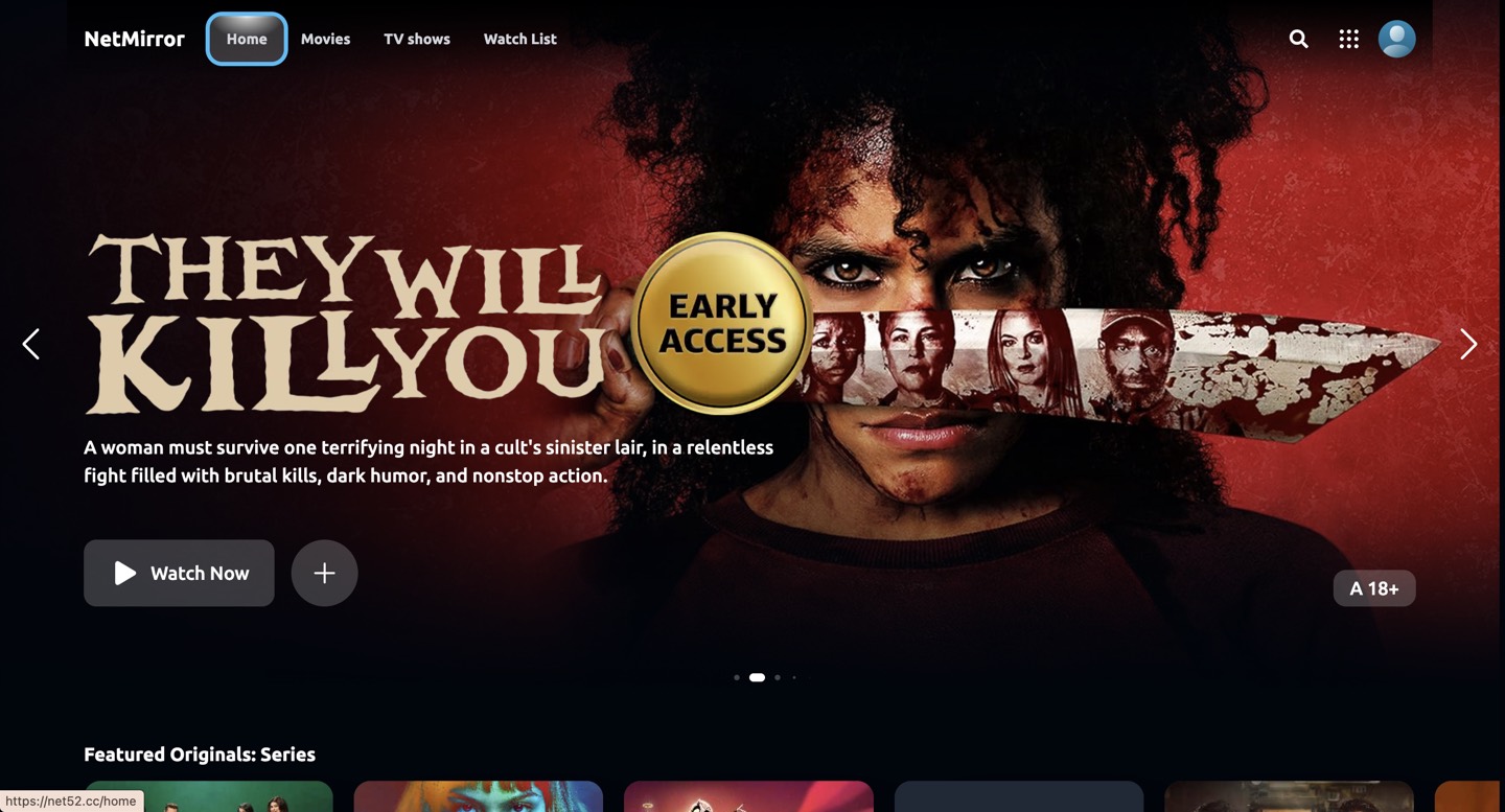 NetMirror Web home screen with a large featured banner and Watch Now button.